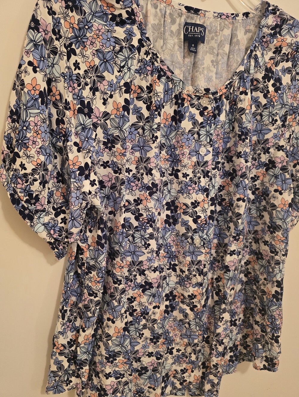Chaps Floral Short Sleeve Lightweight Button Down Blouse in Blue and Pink - Picture 4 of 5
